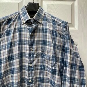 Peter Millar Men's Sz Medium Blue & White Plaid Button Up Cotton/Linen Blend